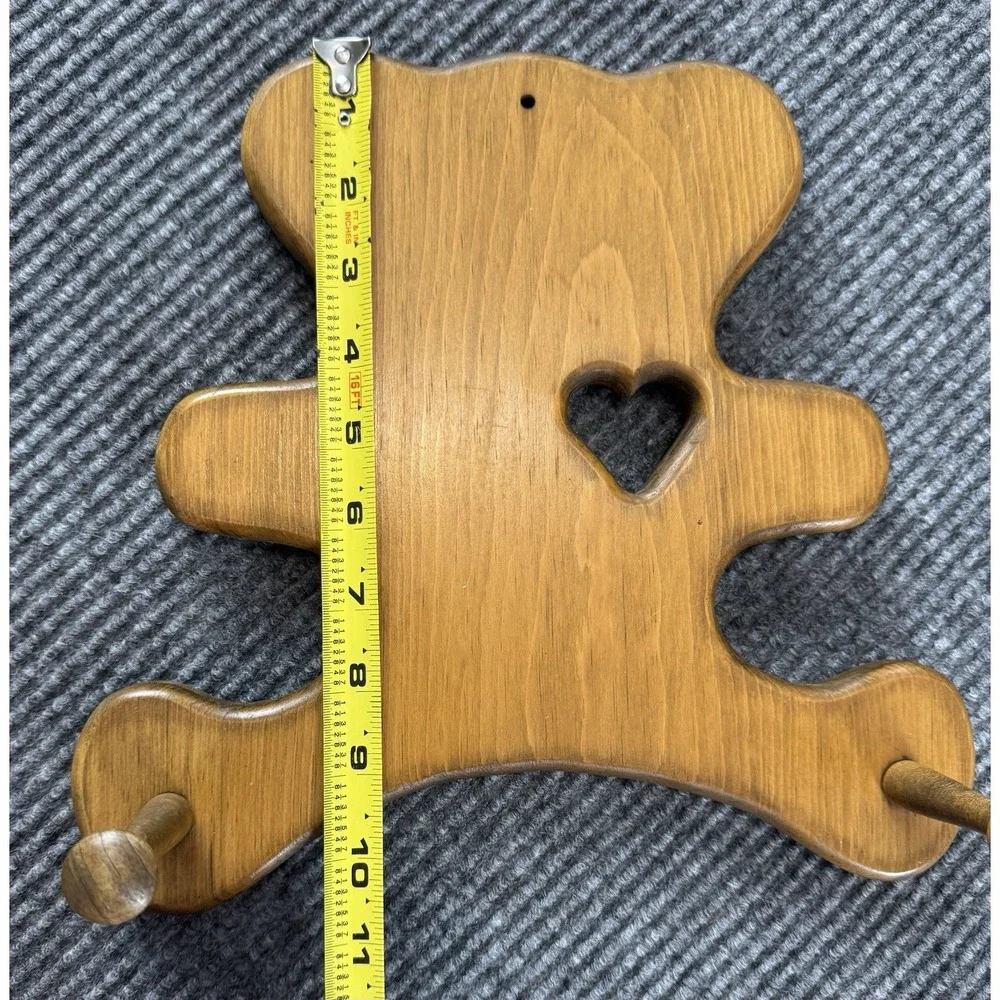 Vintage Wood Teddy Bear Wall Hook Rack Heart Cutout Nursery Decor Granny Cottage